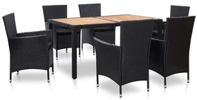 7 pcs conjunto jantar exterior com almofadões vime PE preto