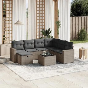 8 pcs conjunto sofás de jardim c/ almofadões vime PE cinzento