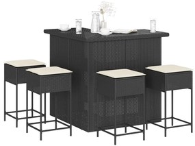 vidaXL 5 pcs conjunto de bar p/ jardim c/ almofadões vime PE preto