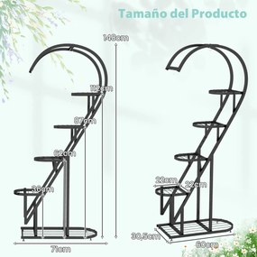 Conjunto de 2 suportes metálicos de 5 níveis para plantas com escada em forma de coração e gancho para pendurar 71 x 30,5 x 148 cm Pretos