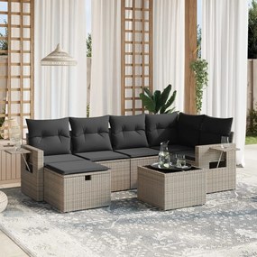 7 pcs conjunto sofás p/ jardim c/ almofadões vime PE cinzento