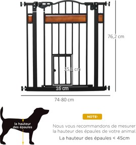 Barreira de segurança para animais com sistema de duplo bloqueio, sem necessidade de perfuração, 74 a 80 cm, em aço e madeira de pinho preto
