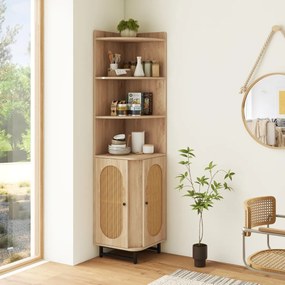 Armário de canto Rattan 172 CM Estante alta com 2 portas 4 prateleiras abertas Pernas ajustáveis Poupança de espaço Pernas ajustáveis Natural