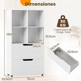 Estante de 4 cubos 70 x 33,5 x 130 cm com 2 gavetas de 5 níveis Design moderno em madeira para sala ou escritório Branco