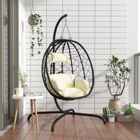vidaXL Cadeira forma ovo suspensa vime PE/aço c/ almofadão branco nata