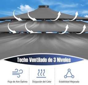 Guarda-sol Jardim de 313 cm com 32 luzes LED Teto ventilado de 3 níveis Ajuste de inclinação Cinzento