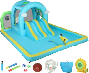 Castelo Insuflável Aquático 7 em 1 com Insuflador 450W 2 Escorregas Trampolim Piscina Cesto Coluna de Boxe 426x360x198 cm Multicor