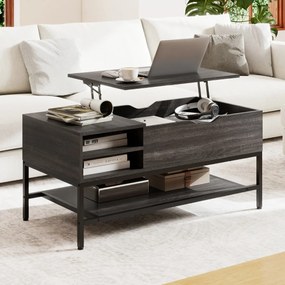 Mesa de centro elevatória 99,5 x 49,5 x 47,5 cm com compartimento oculto em madeira com prateleira de arrumação cinzenta