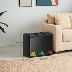 Caixote do lixo com 3 compartimentos 60,5 x 40,5 x 48,5 cm preto