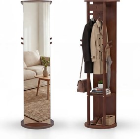 Espelho giratório 3 em 1 com cabideiro, estantes e ganchos – organizador para quarto – 44 x 168 cm – Castanho