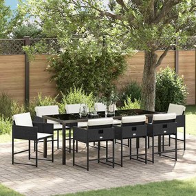 vidaXL Conjunto de Jantar de Jardim de 9 Peças com Almofadas - Rattan Poliéster Preto