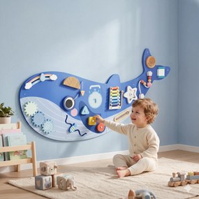 Quadro Sensorial Montessori Baleia Busy Board 13 em 1 para Crianças +2 Anos, Azul