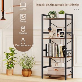 Estante de 4 níveis, Estrutura metálica resistente, design antideslizamento, 41,5 x 27,5 x 100 cm, Castanho rústico e preto