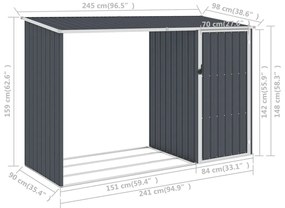 Abrigo de lenha jardim 245x98x159cm aço galvanizado antracite