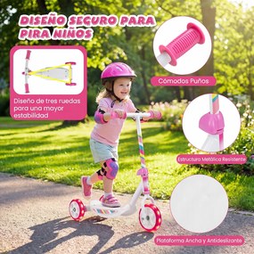 Trotinete Infantil de 3 Rodas, 56 x 32 x 59 cm, Rodas Luminosas LED, Rosa