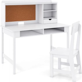 Conjunto de secretária e cadeira infantil em madeira com prateleira de cortiça, estação de computador para quarto, escola, branco