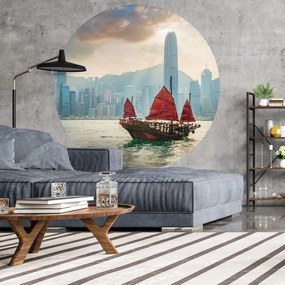 WallArt Papel de parede circular "Skyline with Junk Boat" 142,5 cm