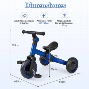 Triciclo Infantil 5 em 1, 66 x 48,5 x 51,5 cm, Pedais Removíveis, Azul-escuro