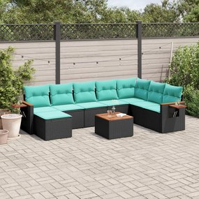 9 pcs conjunto de sofás p/ jardim c/ almofadões vime PE preto