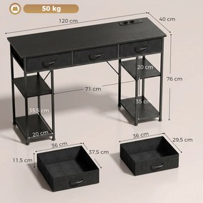 Secretária com espaço de arrumação e tomadas elétricas, 3 gavetas em tecido e 4 prateleiras, 120 x 40 x 76 cm, preta