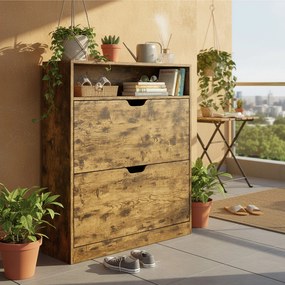Sapateira com 2 portas e compartimento aberto 24 x 80 x 102 cm castanho vintage