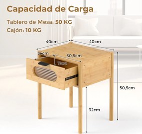 Conjunto de 2 mesas de cabeceira 40 x 40 x 50,5 cm em bambu, estilo rústico, com gaveta e vidro temperado. Mesa auxiliar para quarto, em tom natural