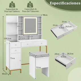 Conjunto de toucador com banco, espelho iluminado LED de 3 cores, mesa de maquilhagem e estação de carregamento integrada para quarto branco
