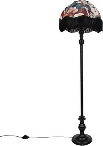 Candeeiro de pé preto com abajur floral e interior branco 45cm - Classico