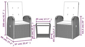 3 pcs conjunto de jantar p/ jardim c/ almofadões vime PE cinza