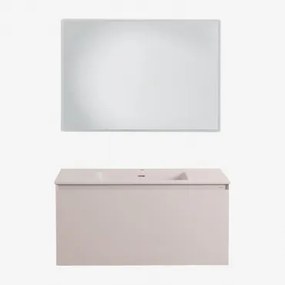 Conjunto De Móvel De Casa De Banho Suspenso Em Madeira Com Lavatório Integrado Macrae Crema Linho & Led Retangular E Anti-embaciamento 100x70 Cm Riben