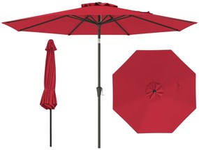 Guarda-sol 303 cm com mecanismo de inclinação de 25° e manivela, 8 varetas reforçadas para terraço, sem base, vermelho cor vinho