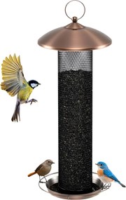 Comedouro para pássaros 16 x 40 cm em forma de tubo de malha metálica suspenso com tampa e bandeja de grande capacidade 16 kg para sementes