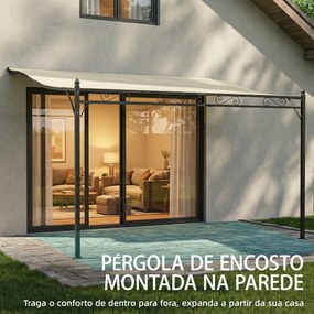 Pérgola de Parede 2,5x3,5 m com Teto Inclinado Orifícios de Drenagem e Estrutura Metálica Creme