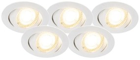 Conjunto de 5 focos embutidos brancos incluindo LED regulável em 3 etapas - Mio Moderno
