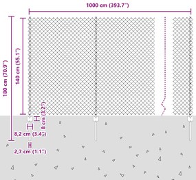 Cerca de Chain Link com 20 U Posts Prateado 1.4x10 m Aço