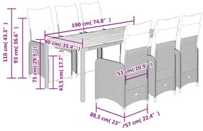 7 pcs conjunto de bistrô p/ jardim c/ almofadões vime PE preto