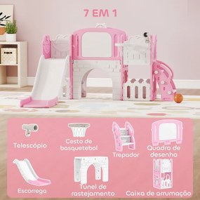 Escorrega Infantil 7 em 1 para Crianças Tema de Sapo com Aro de Basquetebol Túnel Quadro Telescópio de Brincar Trepador 176x150x94 cm Rosa