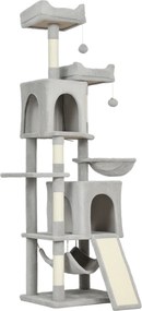 PawHut Arranhador para Gatos Grande 177 cm Torre de Brincadeiras com 3 Plataformas e 2 Casas 48x40x177 cm Cinza Claro | Aosom Portugal