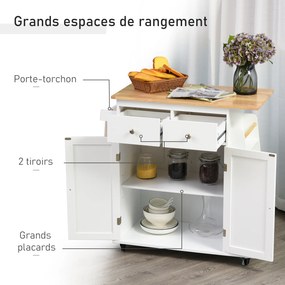 Carrinho de cozinha com ilha, bancada, prateleira para garrafas, suporte para panos de cozinha, 2 gavetas e armário de 2 portas em MDF branco