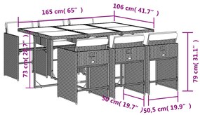 7 pcs conj. jantar p/ jardim c/ almofadões vime PE cinza-claro