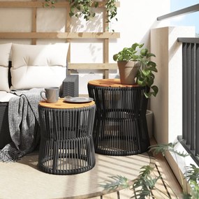 Mesas de apoio p/ jardim c/ tampo de madeira 2pcs vime PE preto