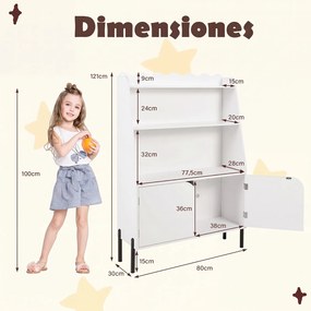 Estante de Arrumação Infantil, 80 x 30 x 121 cm, 3 Estantes Abertas e 2 Portas, Branco