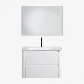 Conjunto De Móvel De Casa De Banho Suspenso 80x50 Cm Em Madeira Com Lavatório Integrado Egerton Branco & Led Retangular E Anti-embaciamento - Sklum