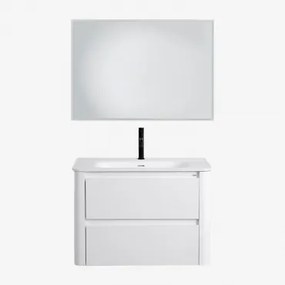 Conjunto De Móvel De Casa De Banho Suspenso Em Madeira Com Lavatório Integrado Egerton Branco & Led Retangular E Anti-embaciamento 100x70 Cm - Sklum