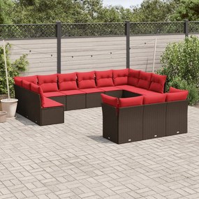 vidaXL 13 pcs conjunto sofás p/ jardim c/ almofadões vime PE castanho