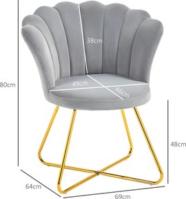 Poltrona em forma de concha, cadeira de Toucador, poltrona em veludo, poltrona de sala com pés em aço, 69 x 64 x 80 cm, cinzenta