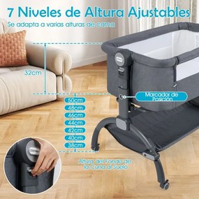 Berço 2 em 1 para bebés com altura ajustável, 4 rodas, rede mosquiteira e cesto de arrumação para bebés dos 0 aos 6 meses, 95 x 65 x 70-82 cm, Cinzent