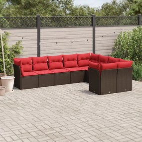 vidaXL 9 pcs conjunto sofás p/ jardim c/ almofadões vime PE castanho