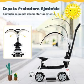 Andarilho deslizante 3 em 1 para crianças com barra de empurrar, capota ajustável, pedal e buzina para crianças dos 18 aos 36 meses Branco