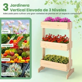 Floreira Elevada 9 x 39 x 109 cm de 3 Níveis para Plantas Estrutura de Madeira para Interiores e Exteriores para Plantas Verduras e Flores natural